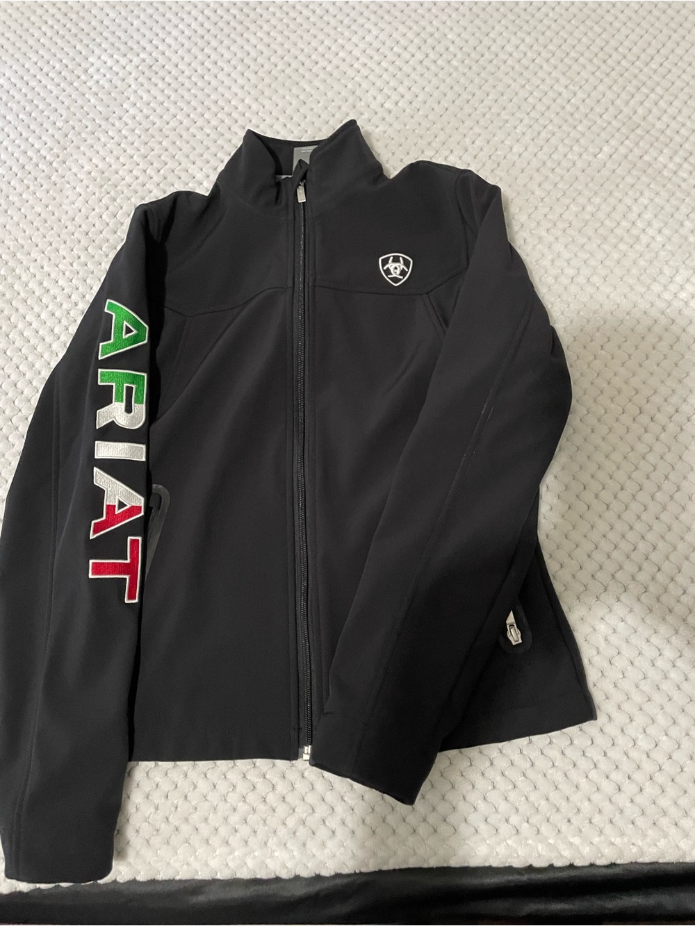 Ariat Black Softshell Jacket with Green White Red Sleeve Logo
